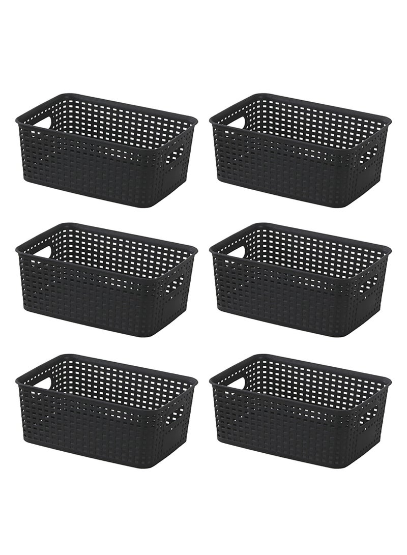 general 6-Pack Plastic Storage Baskets Set of Stackable Weave Baskets Sturdy Storage Containers with Handle for Shelves, Desktops, Cabinets, Bedrooms, Office (Black) - Image 1