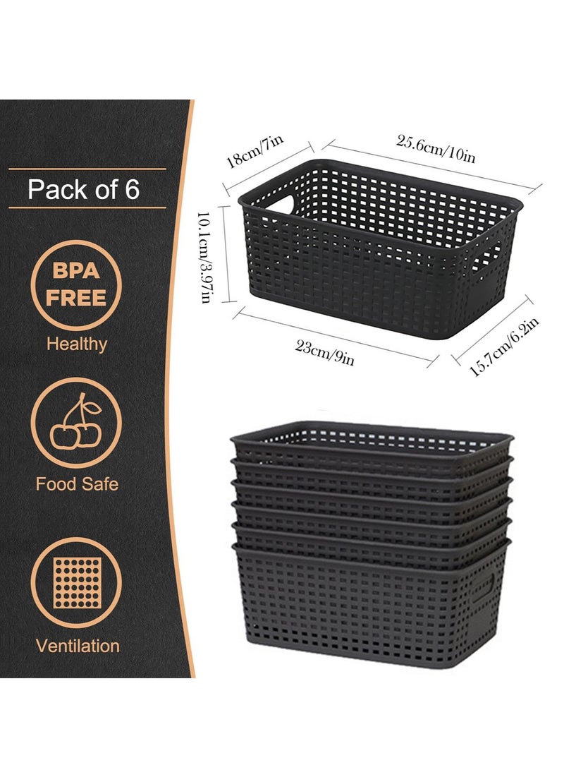 general 6-Pack Plastic Storage Baskets Set of Stackable Weave Baskets Sturdy Storage Containers with Handle for Shelves, Desktops, Cabinets, Bedrooms, Office (Black) - Image 4