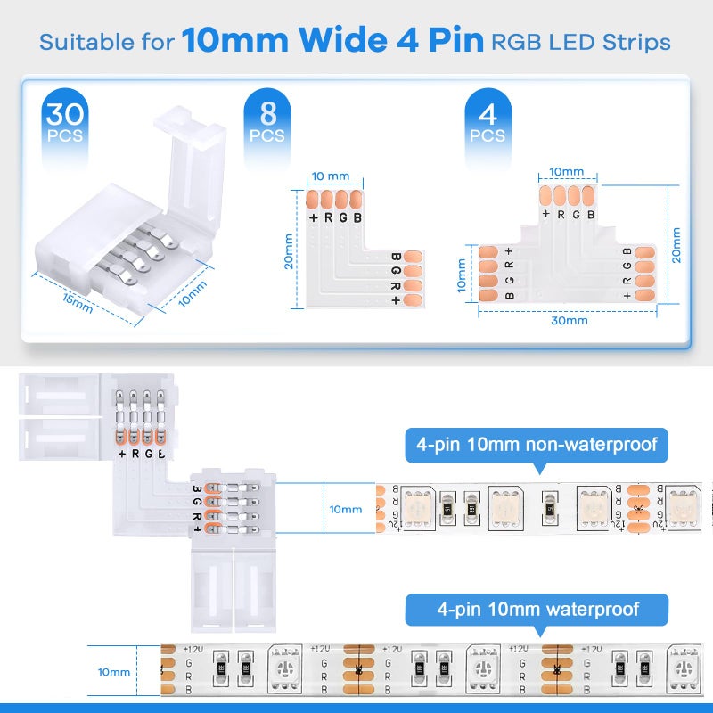 Pmxary 42Pcs 4 Pin LED Strip Connectors Kit for 5050 10mm Wide RGB LED Strip Light, Includes 8 L-Shaped, 4 T-Shaped, and 30 Solderless LED Light Connectors Clips, Easy for DIY Lighting Projects - Image 3