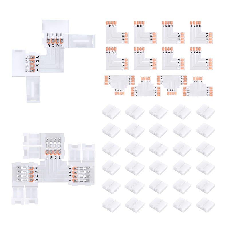 Pmxary 42Pcs 4 Pin LED Strip Connectors Kit for 5050 10mm Wide RGB LED Strip Light, Includes 8 L-Shaped, 4 T-Shaped, and 30 Solderless LED Light Connectors Clips, Easy for DIY Lighting Projects - Image 1