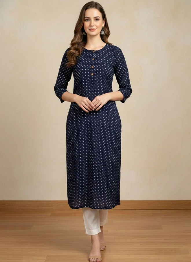 Floral Printed Navy Blue Straight Kurta