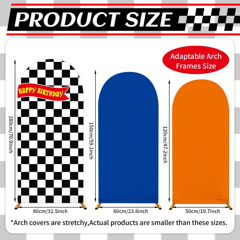 ojustbeok 3 Pcs Race Car Arch Backdrop Cover Adaptable for 4ft 5ft 6ft Size Frames Black and White Checkered Chiara Hot Arch Stand Covers for Racing Birthday Baby Shower Party Decorations Supplies - Image 2
