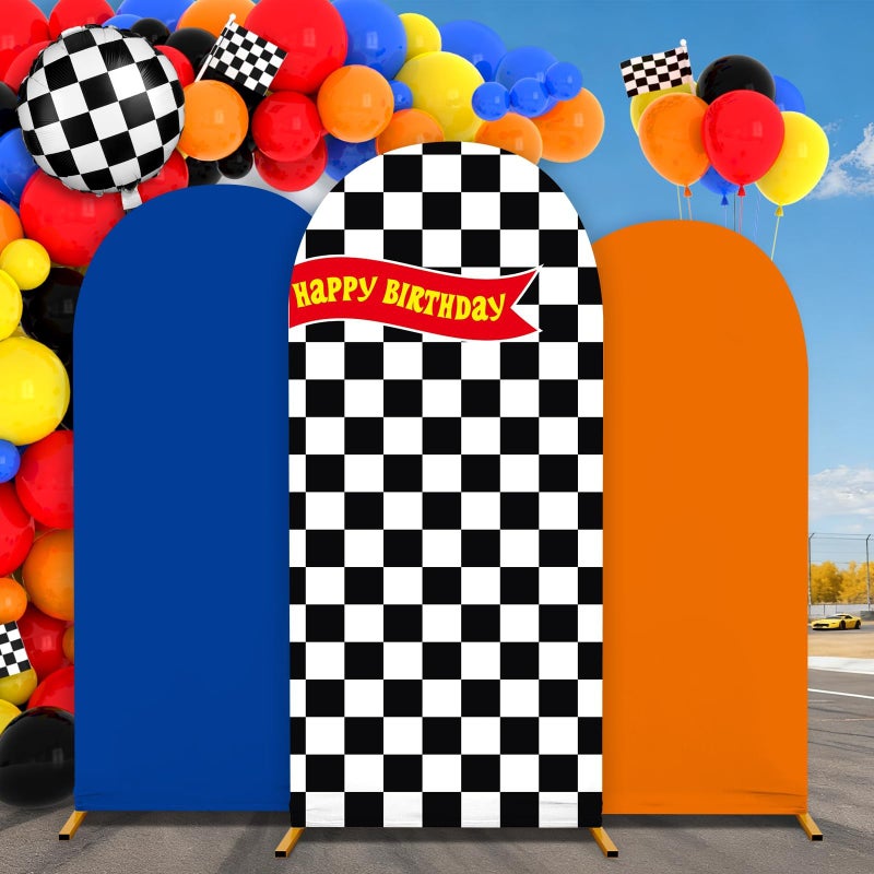 ojustbeok 3 Pcs Race Car Arch Backdrop Cover Adaptable for 4ft 5ft 6ft Size Frames Black and White Checkered Chiara Hot Arch Stand Covers for Racing Birthday Baby Shower Party Decorations Supplies - Image 1