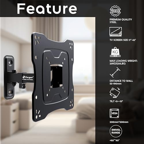 Target TT-WMD-1742-2TS(B2) TV Wall Mount Bracket for 17-42 Inch Screens, Premium Steel, Tilt +5/-15°, VESA 200x200mm, 25kg Capacity, Swivel 180°, Universal Mount for Home, Hospital, Office, Hotel - Image 2