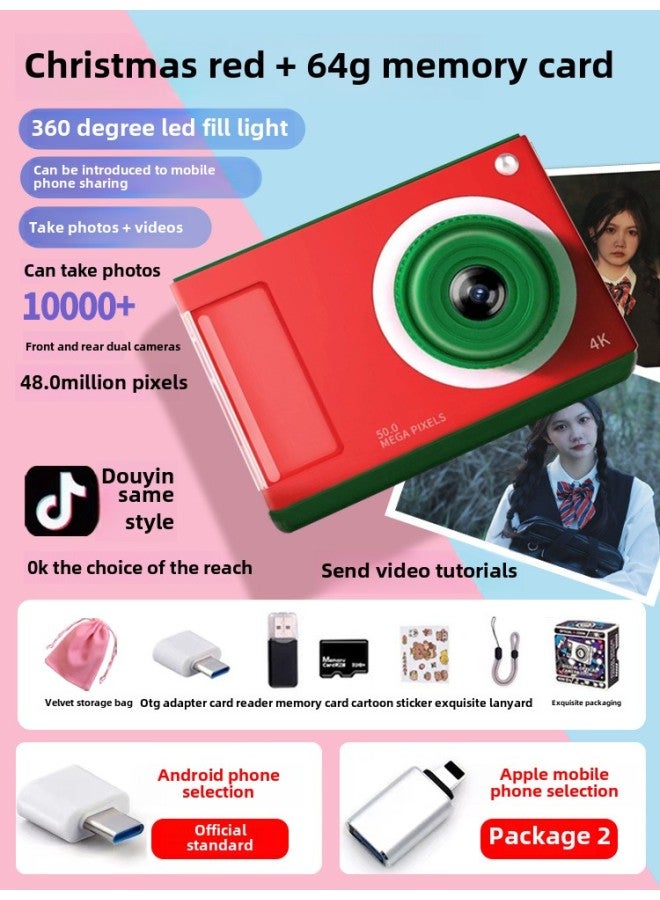 Generic Retro Cat Ccd Camera Students Soul Children Girls Travel Campus Digital Y2 Camera Can Import Mobile Phone-Body Color:Red + 64g Memory Card + Otg Adapter + Usb Card Reader + Lanyard + 2 Stickers + Storage Bag - Package 2  - Image 1