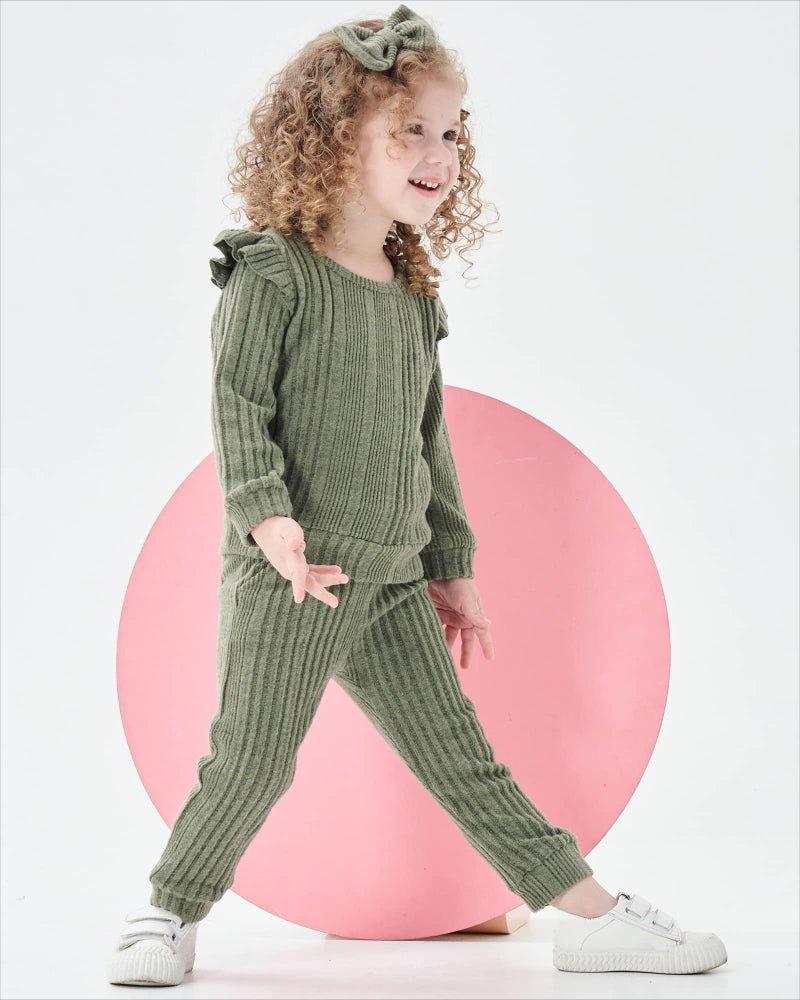 Mioglrie Baby Girl Clothes 12-18 Month Fall Winter Outfits Infant Sweatsuit Newborn Sweatshirt Fleece Ruffle Green Sweat Pant Set for 1 Year Old Girls Clothing - Image 3