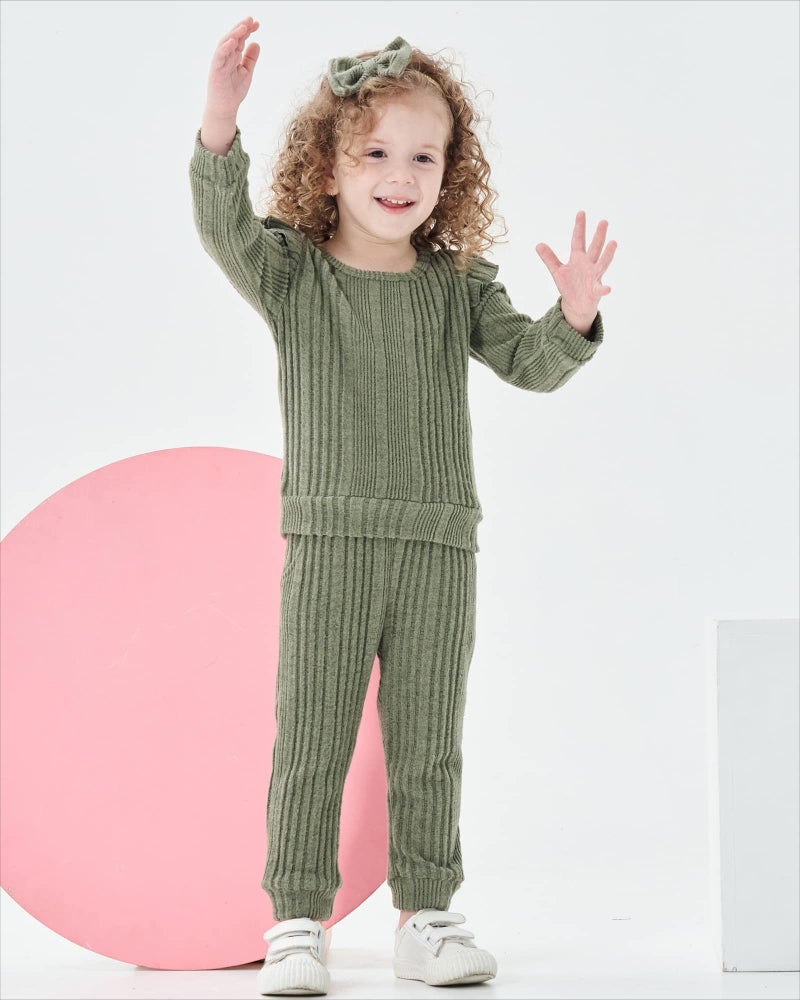 Mioglrie Baby Girl Clothes 12-18 Month Fall Winter Outfits Infant Sweatsuit Newborn Sweatshirt Fleece Ruffle Green Sweat Pant Set for 1 Year Old Girls Clothing - Image 2