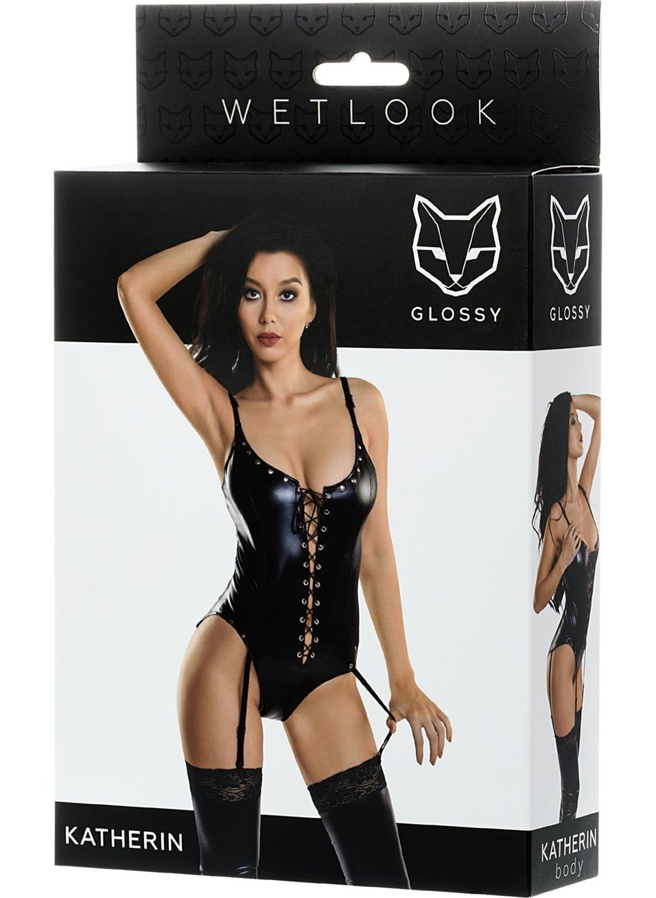 ‎Erolanta Glossy - Glossy Katherin Leather Bodysuit Garter, Wetlook, Laced, Black, L - Image 1