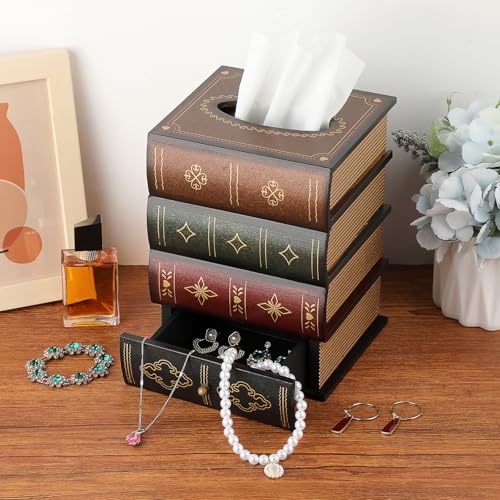 Hoowen Antique Wooden Book Tissue Holder with Storage Drawer, Square Tissue Box Cover Decorative Tissue Dispenser Case Retro Vintage Library Decor for Table Desk Bathroom Living Room Office - Image 2