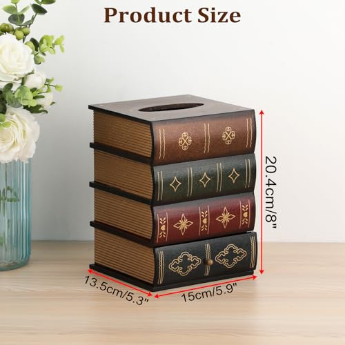 Hoowen Antique Wooden Book Tissue Holder with Storage Drawer, Square Tissue Box Cover Decorative Tissue Dispenser Case Retro Vintage Library Decor for Table Desk Bathroom Living Room Office - Image 4