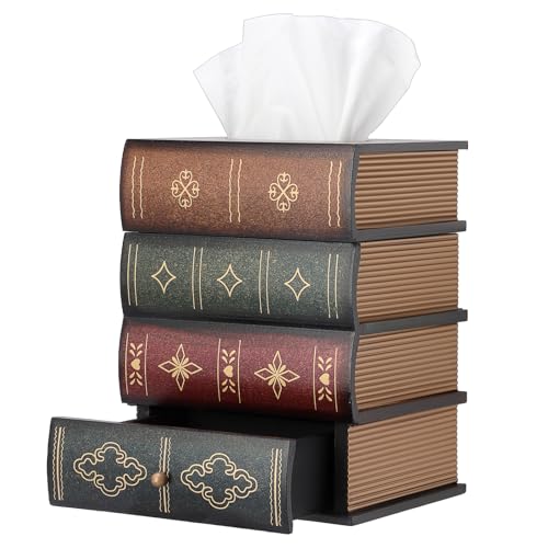 Hoowen Antique Wooden Book Tissue Holder with Storage Drawer, Square Tissue Box Cover Decorative Tissue Dispenser Case Retro Vintage Library Decor for Table Desk Bathroom Living Room Office - Image 1