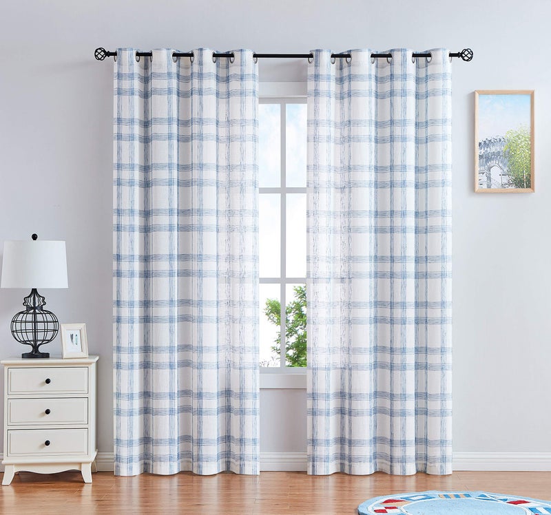 Randall Linen Window Curtain Panel Pairs for Living Room 95 Long Geometric Check Grommets Top Semi Sheer Window Treatment Heavy Rustic Farmhouse Style Drapes for Bedroom 54x95x2 Blue White