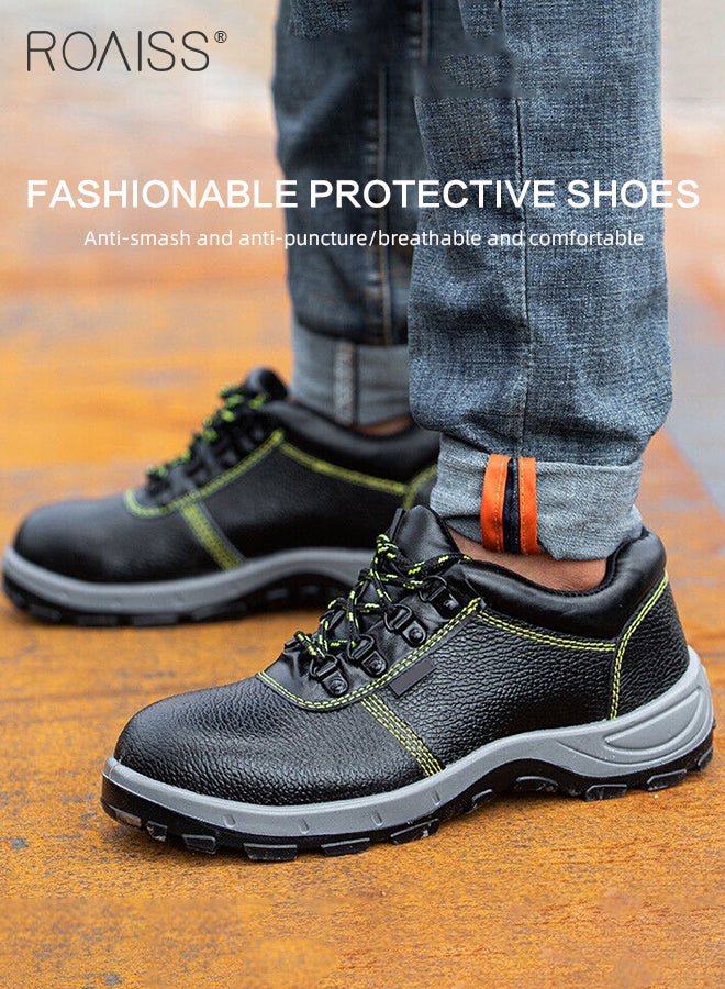 roaiss Anti-Smash Safety Shoes for Men Lightweight Steel Round Toe Sneakers for Outdoors Work or Heavy Work Comfortable and Breathable Safety Toe Adjustable Lace-Up Cowhide Sports Shoes Colorblock Sneakers  - Image 2
