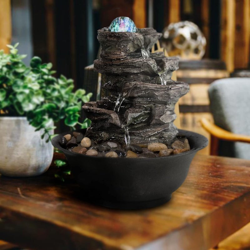 Ferrisland Tabletop Rock - Stacked Waterfall Fountain with LED - Lit Crystal Ball, Ideal for Office & Home Decor(Brown Gray) - Image 2