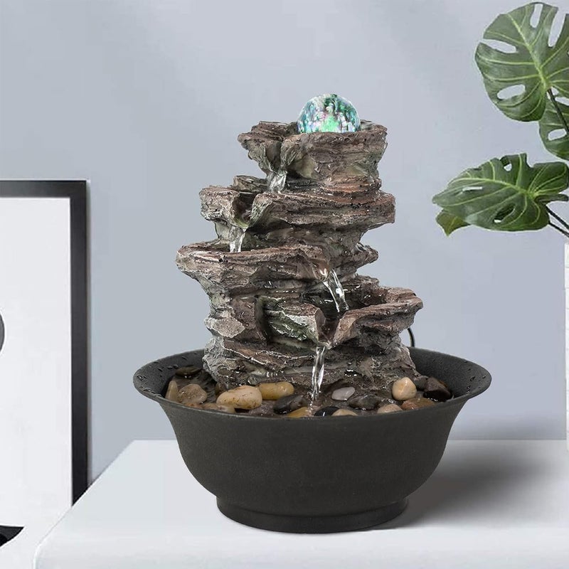Ferrisland Tabletop Rock - Stacked Waterfall Fountain with LED - Lit Crystal Ball, Ideal for Office & Home Decor(Brown Gray) - Image 3