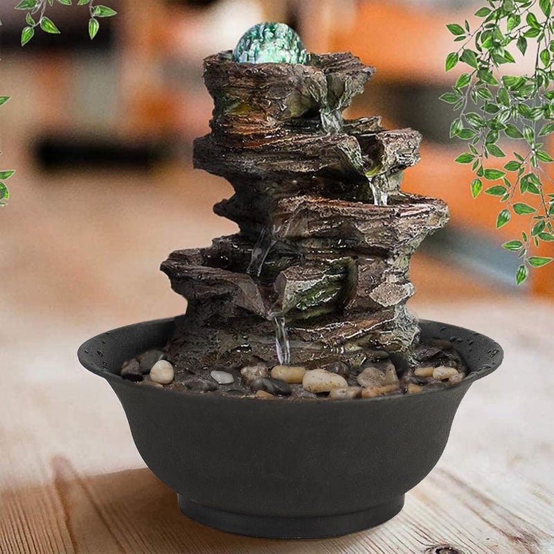 Ferrisland Tabletop Rock - Stacked Waterfall Fountain with LED - Lit Crystal Ball, Ideal for Office & Home Decor(Brown Gray) - Image 1