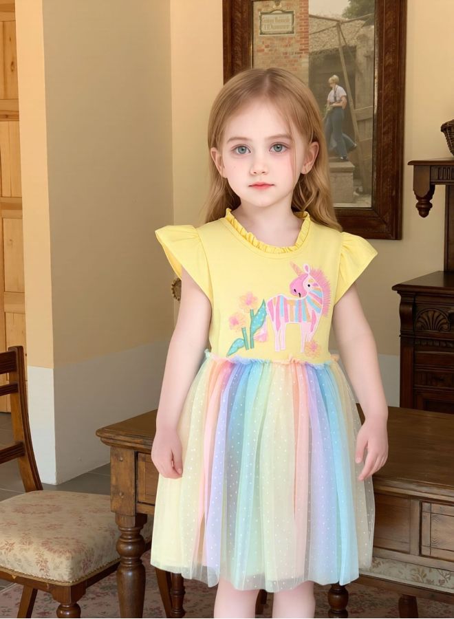 Rainbow Color Girls Dress Summer Sleeveless Vest Dress European And American Unicorn Embroidered Skirt Children's Mesh Skirt
