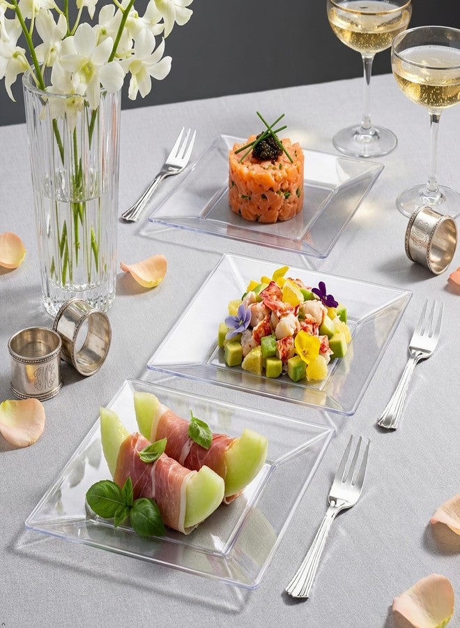 supernal 200 Pcs Clear Plastic Plates with Silver Forks - 100 Clear 6.5" Square Appetizer Plates & 100 Silver Dessert Forks - Heavy Duty Disposable Cake Plates for Wedding, Cocktail Parties & Events - Image 5