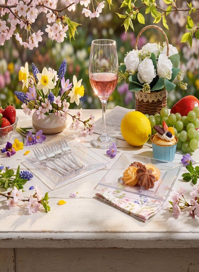 supernal 200 Pcs Clear Plastic Plates with Silver Forks - 100 Clear 6.5" Square Appetizer Plates & 100 Silver Dessert Forks - Heavy Duty Disposable Cake Plates for Wedding, Cocktail Parties & Events - Image 3