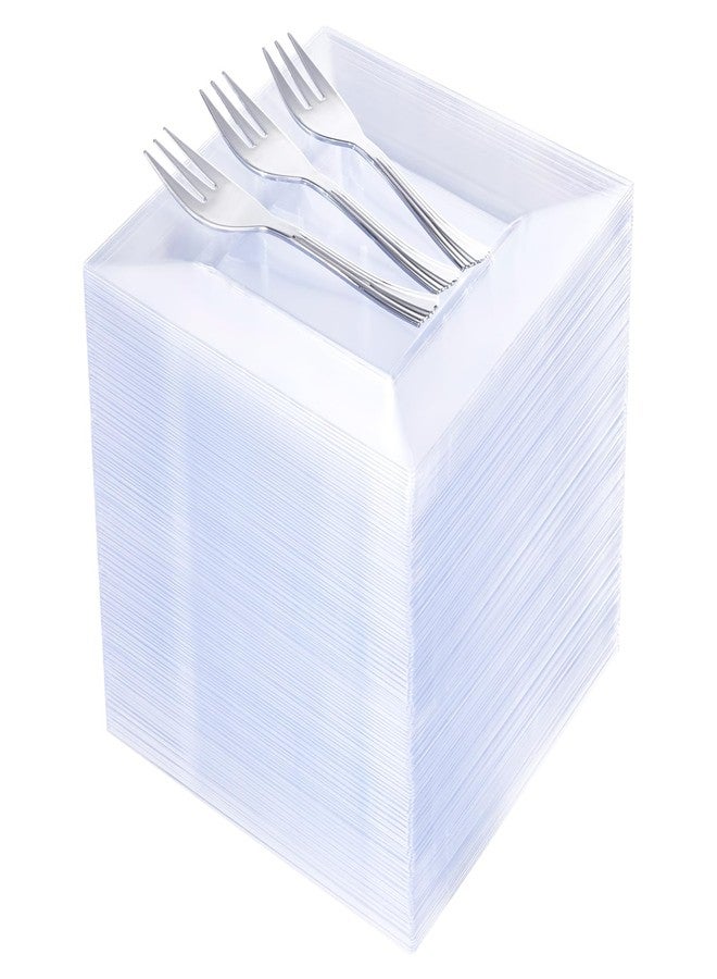 supernal 200 Pcs Clear Plastic Plates with Silver Forks - 100 Clear 6.5" Square Appetizer Plates & 100 Silver Dessert Forks - Heavy Duty Disposable Cake Plates for Wedding, Cocktail Parties & Events - Image 1