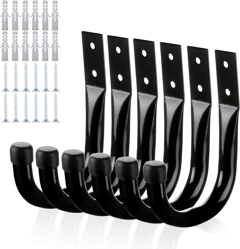 KURUI Metal Wall Hooks for Hanging Heavy Duty, 6Pcs Garage Organization and Storage Hook for Extension Cord Tool Coat Backpack Bag, Large Utility J Hooks, Black Wall Mount Hanges for Outdoor Indoor - Image 1