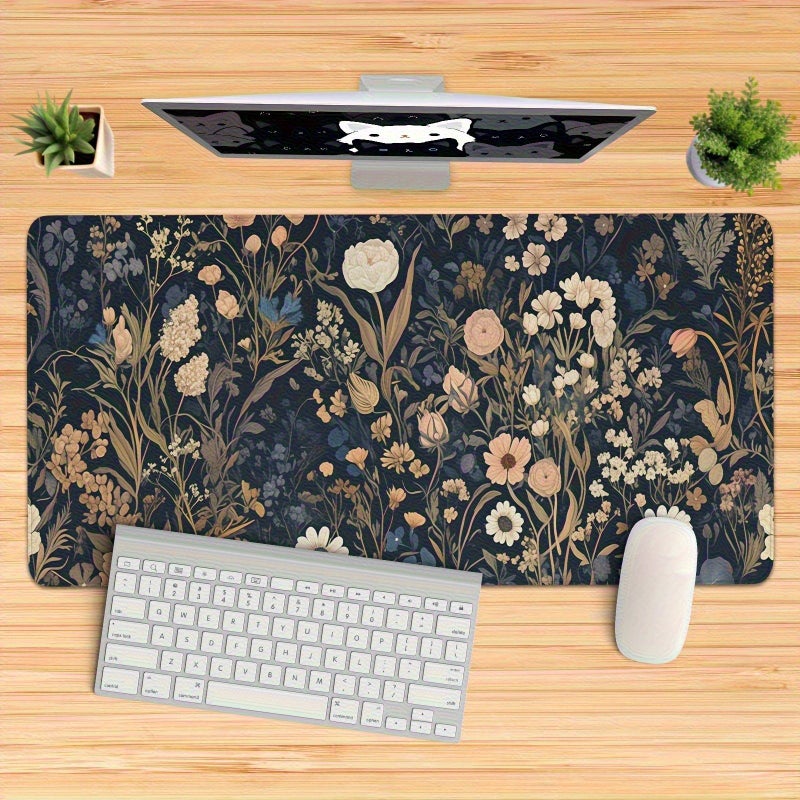 1 × سجادة مكتب زرقاء داكنة بتصميم زهور، مقاس 40×90 سم، لوحة ماوس كبيرة مريحة بتصميم زهور برية زاهية، قاعدة مطاطية غير قابلة للانزلاق، مناسبة للألعاب أو المكتب أو ديكور المنزل. - Image 1