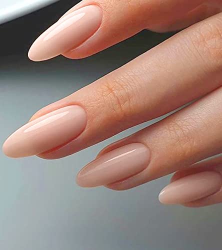 Morily Press on Nails Medium - Nude Almond Fake Nails Solid Color Pink Glossy False Fingernails in 15 Sizes, Long Stick on Nails for Women - 30Pcs - Image 1