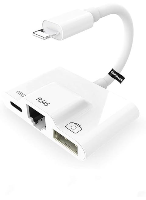 Lightning to Ethernet Adapter – 3-in-1 RJ45 + USB OTG + Charging Port – Compatible with iPhone and iPad – High-Speed Wired Connection – White
