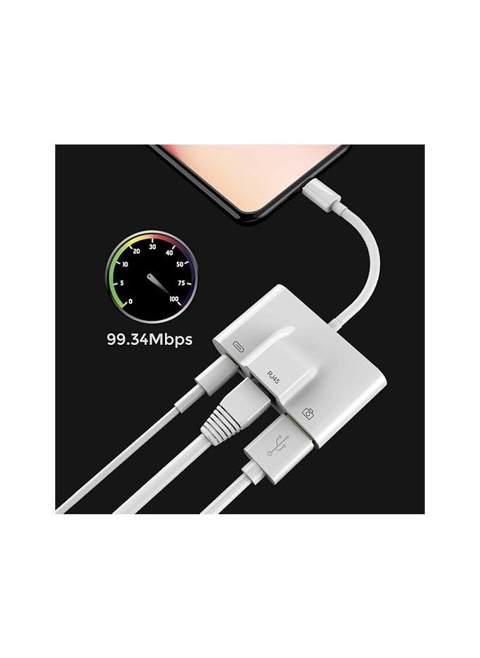 Lightning to Ethernet Adapter – 3-in-1 RJ45 + USB OTG + Charging Port – Compatible with iPhone and iPad – High-Speed Wired Connection – White