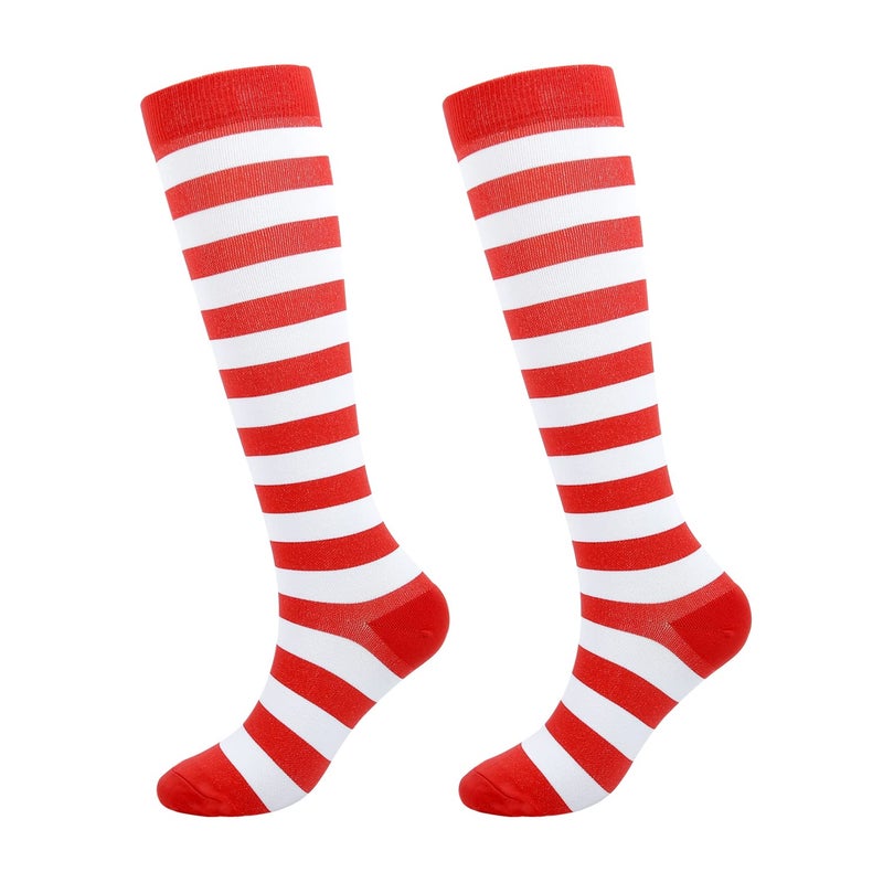 Junely Compression Socks for Women Striped Knee High Stockings for Christmas Halloween Running Athletic Nurses Pregnant Women Work Support Travel Flight Sports Gifts Red White - Image 1