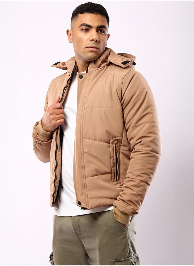 RAVIN - Camel Long Sleeves Solid Puffer Jacket - Image 1