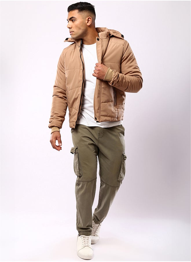 RAVIN - Camel Long Sleeves Solid Puffer Jacket - Image 1