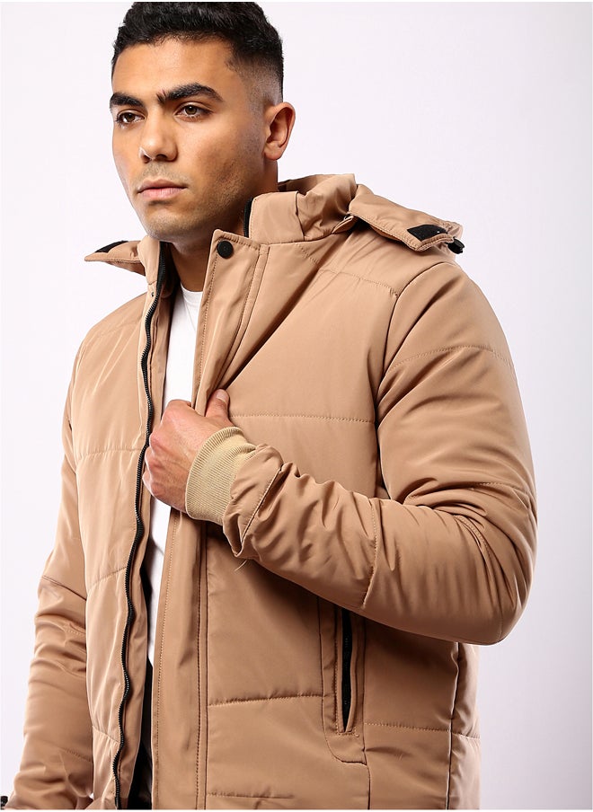 RAVIN - Camel Long Sleeves Solid Puffer Jacket - Image 1