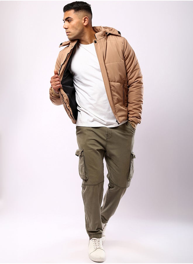 RAVIN - Camel Long Sleeves Solid Puffer Jacket - Image 1