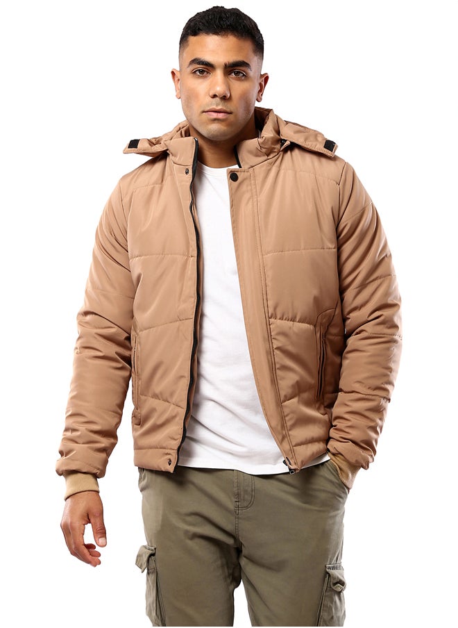 RAVIN - Camel Long Sleeves Solid Puffer Jacket - Image 1