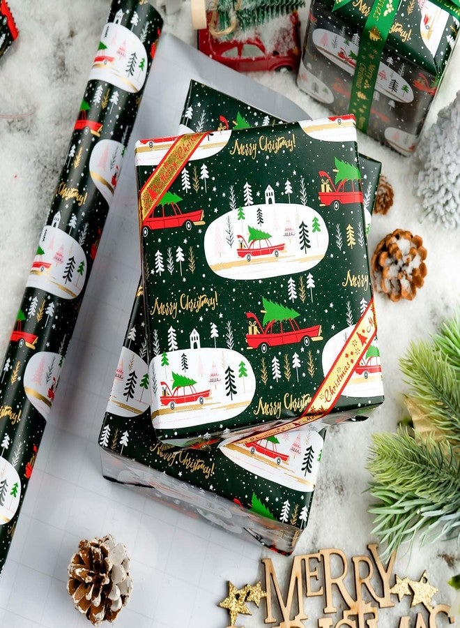 MAYPLUSS Green Christmas Wrapping Paper - 17In x 33 Feet - Truck, Christmas Tree Xmas Gift Wrapping, Gold Foil Wrap Paper for Holiday, Party, Birthday New Year Gift Wrapping Paper,Mini Roll - Image 3