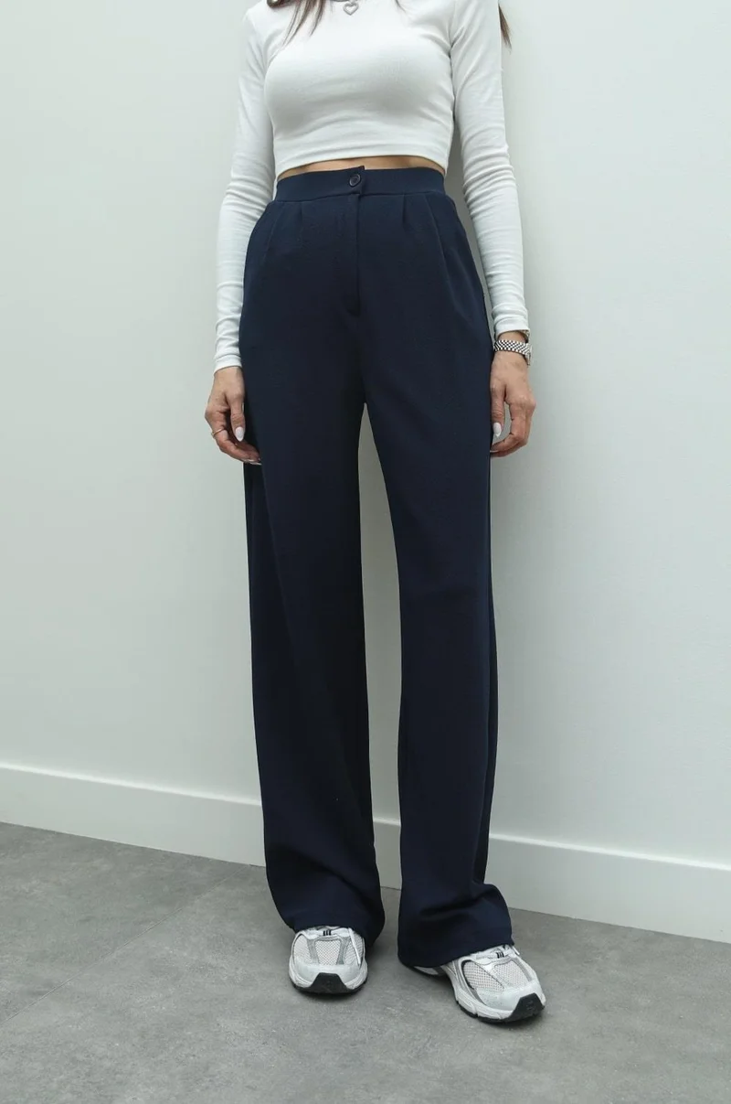 Havoş Havos Navy Blue Double Pleated Palazzo Trousers