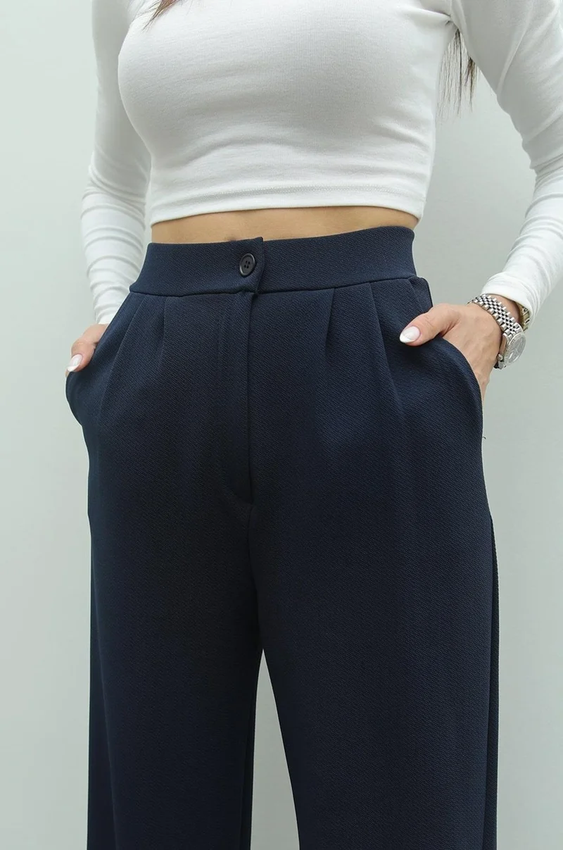 Havoş Havos Navy Blue Double Pleated Palazzo Trousers