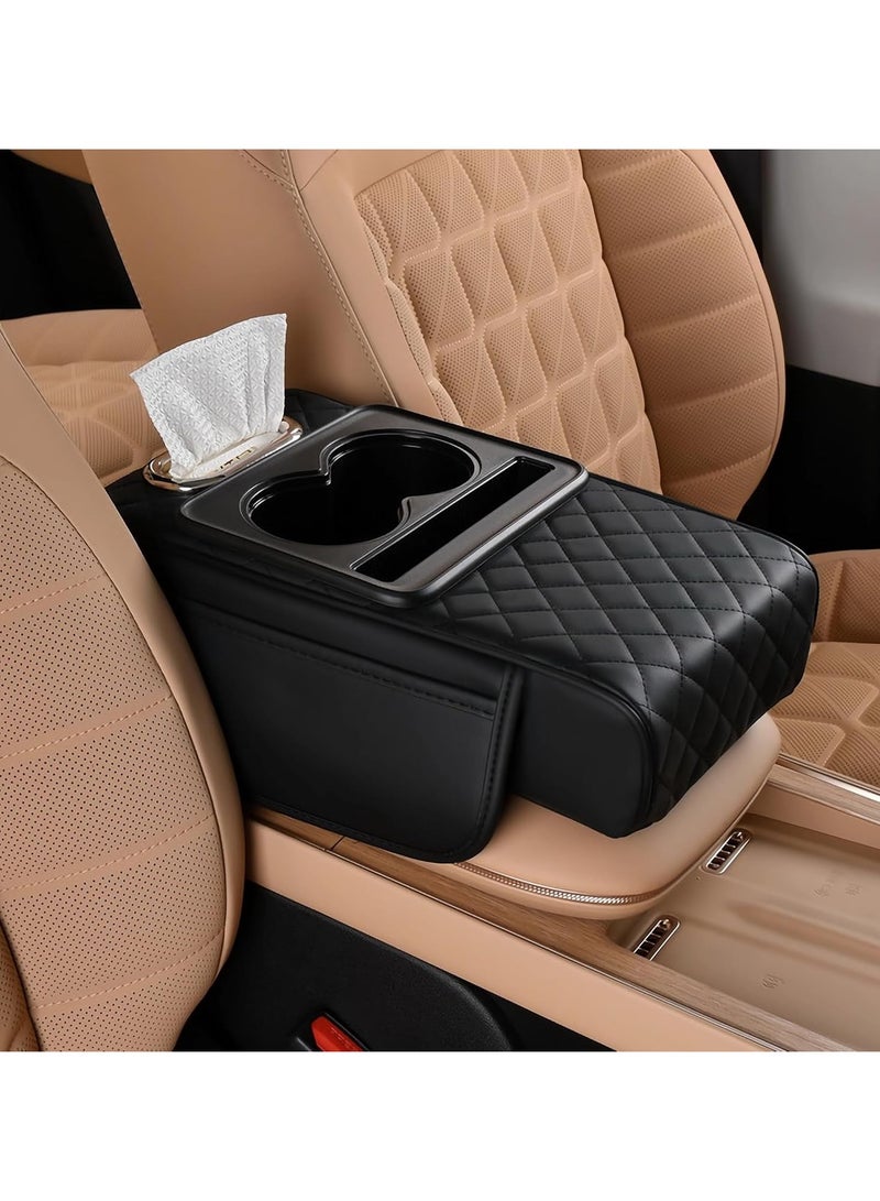 Car Center Console Cover, Leather Armrest Cover for Car, Universal Middle Console Cushion with Storage Box, Cup Holder, Tissue Box & Phone Slot, Waterproof Interior Accessories, Black Red - Image 1