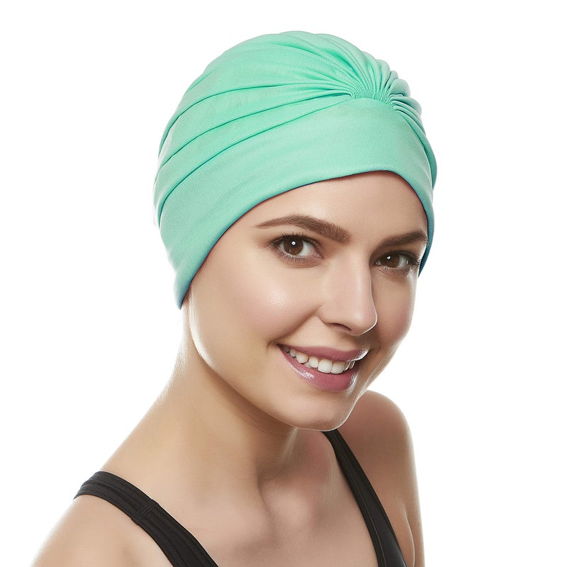 Beemo Swim Caps for Women Swimming Turban Polyester Latex Lined Pleated for Ladies - Green - Image 3
