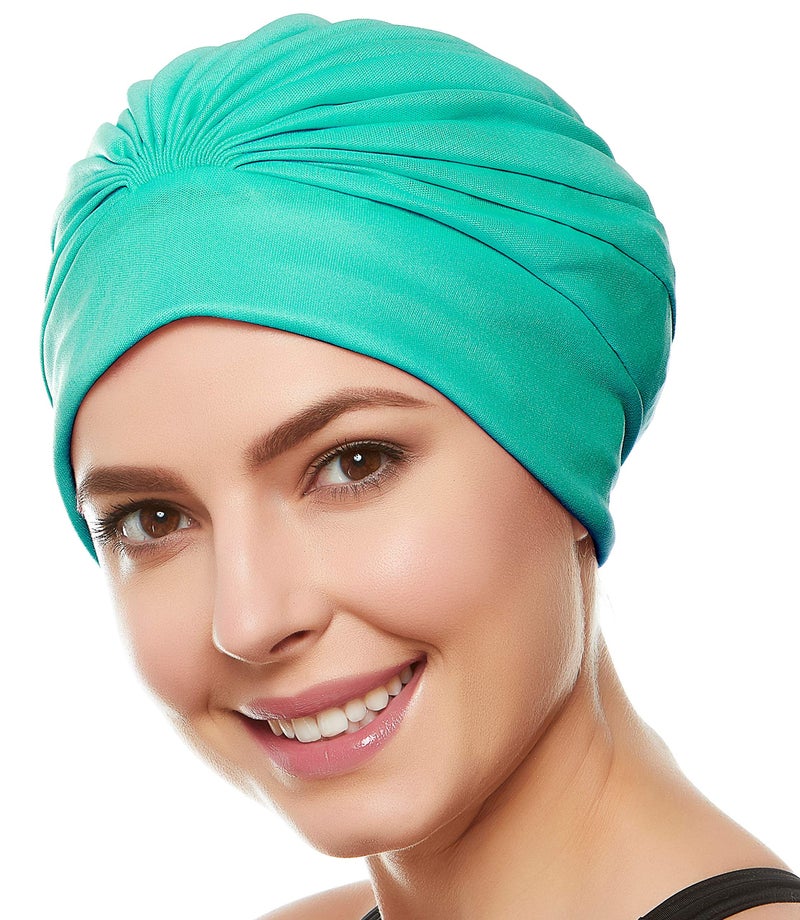 Beemo Swim Caps for Women Swimming Turban Polyester Latex Lined Pleated for Ladies - Green - Image 1