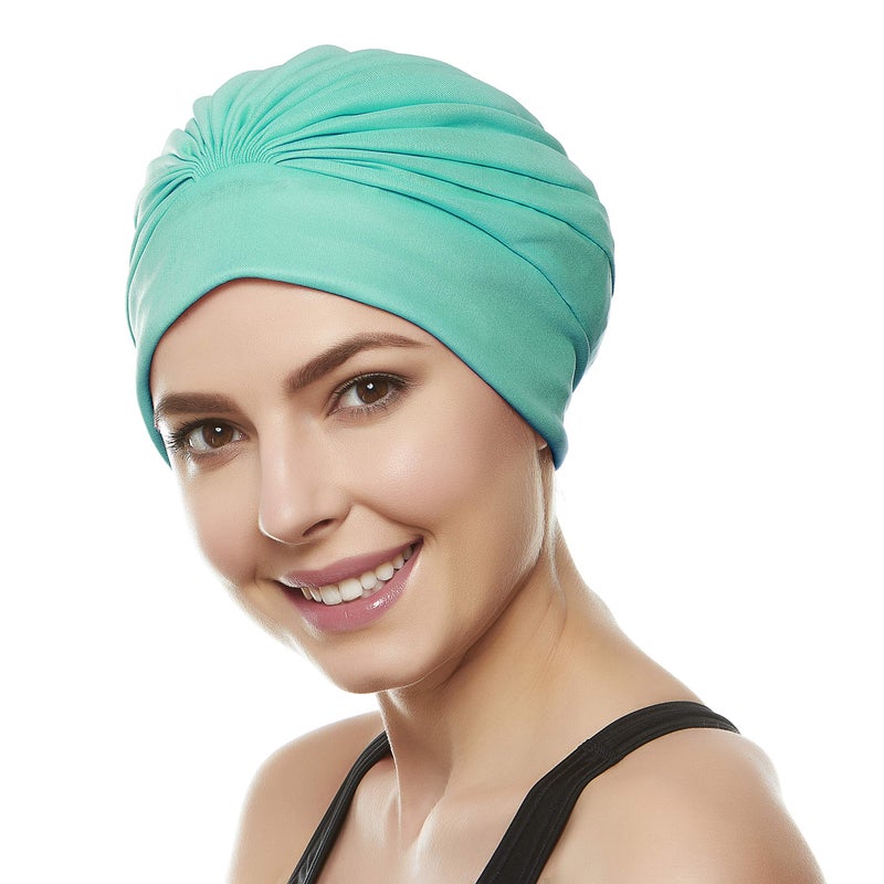 Beemo Swim Caps for Women Swimming Turban Polyester Latex Lined Pleated for Ladies - Green - Image 2
