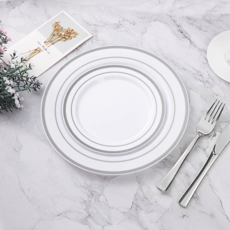 BESTVIP 100PCS Silver Plastic Plates, 10.25 Inch Disposable Dinner Plate Party with Silver Rim for Christmas, Thanksgiving, Heavy Duty Disposable Plastic Plates for Party, Wedding and Birthday, Events - Image 4