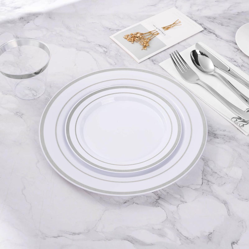 BESTVIP 100PCS Silver Plastic Plates, 10.25 Inch Disposable Dinner Plate Party with Silver Rim for Christmas, Thanksgiving, Heavy Duty Disposable Plastic Plates for Party, Wedding and Birthday, Events - Image 5