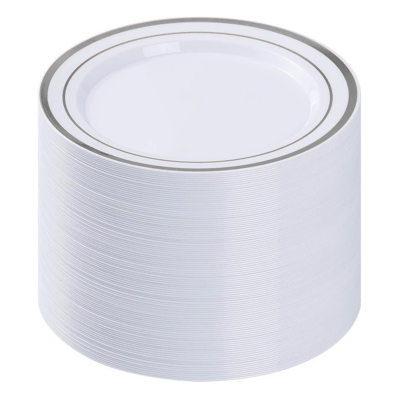 BESTVIP 100PCS Silver Plastic Plates, 10.25 Inch Disposable Dinner Plate Party with Silver Rim for Christmas, Thanksgiving, Heavy Duty Disposable Plastic Plates for Party, Wedding and Birthday, Events - Image 1