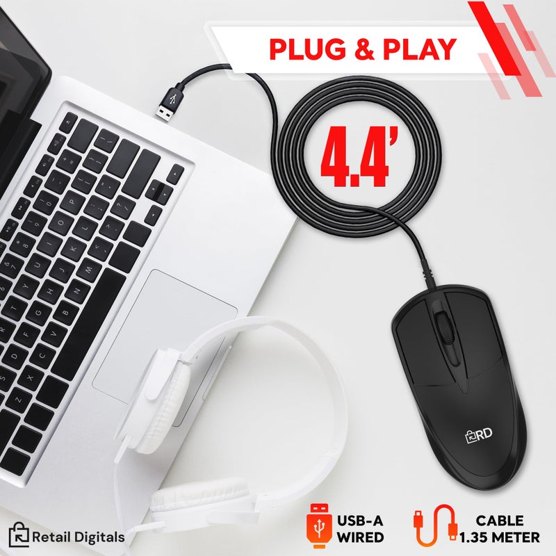 Retail Digitals 3-Button USB Wired Mouse | High-Precision Optical Tracking | Durable for Desktop & Laptop | Black - Image 4