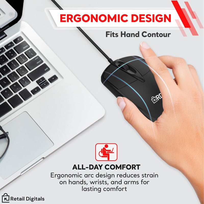 Retail Digitals 3-Button USB Wired Mouse | High-Precision Optical Tracking | Durable for Desktop & Laptop | Black - Image 5