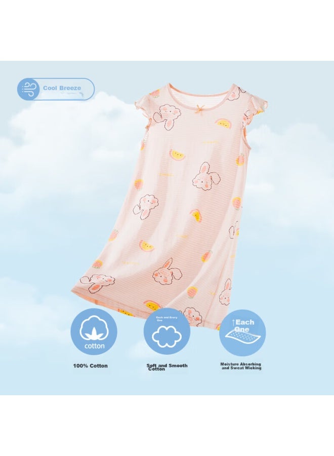 Top melon Dingguagua Girls' Nightgown, Summer Thin Pure Cotton, For Older Children, Little Girls, Children's Sleepwear, Sleeveless Dress, Pink, Size 140 - Image 3