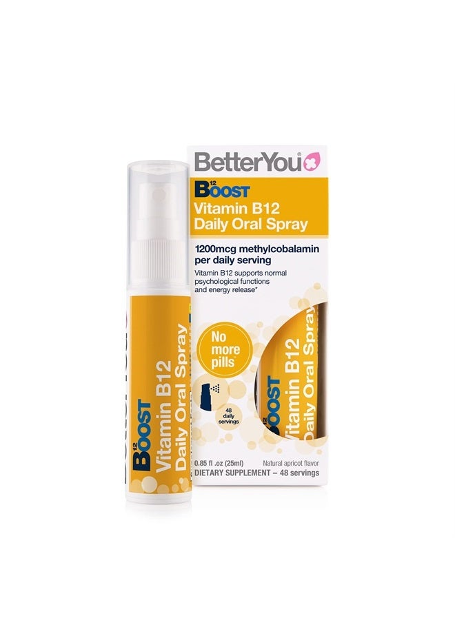 BetterYou Boost B12 Daily Oral Spray - Convenient Alternative for Tablets - Aid Normal Physiological Functions - Help Increase Energy Levels - 48 Daily Doses - Natural Apricot Flavor - 0.84 oz - Image 1
