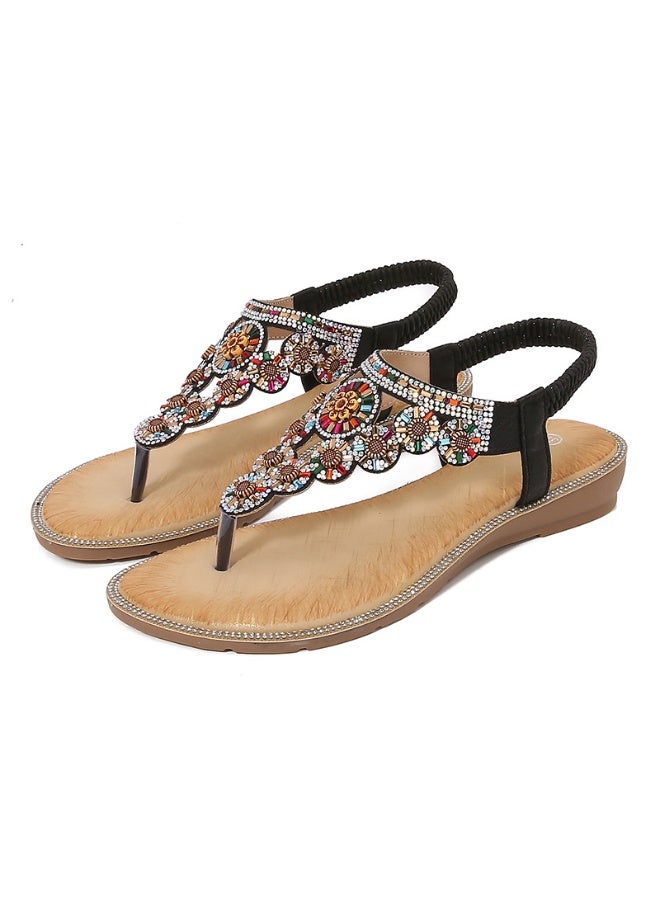 NIBEMINENT Women Rhinestone Decor Slingback Sandals Glamorous Bohemian Ethnic Style Elastic Ankle Strap Flat Soft Soled Casual Beach Shoes  - Image 1